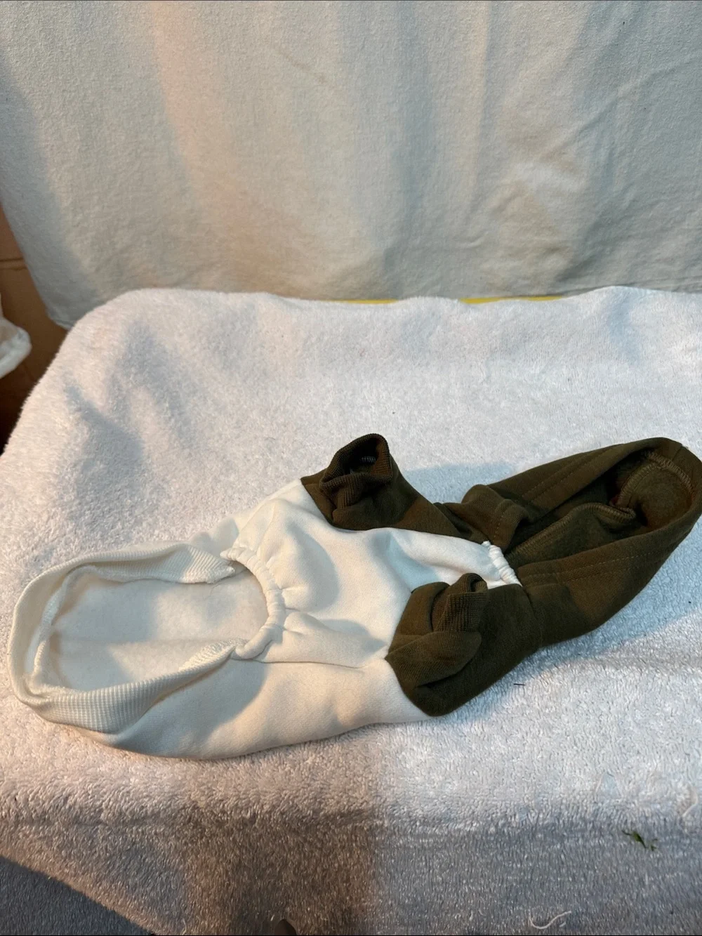 Two-Tone Olive Green & White Dog Hoodie with Embroidered Dinosaur